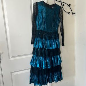 Turquoise and black dress, mesh, black sleeves, knee length size 2 worn once